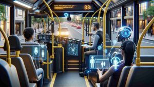 Realistic high-definition image showing a city bus operation that has been revolutionized through human-centric artificial intelligence implementation. The scene demonstrates a bus outfitted with modern technology, including touchscreens and AI interfaces for navigation and passenger service. The AI aids the Caucasian male bus driver in ensuring efficient navigation and optimal passenger comfort. Simultaneously, a Black female passenger uses an AI interface for in-transit entertainment or to access real-time travel information. Human-AI collaboration drives the scenario, portraying a future where technology enhances public transportation.