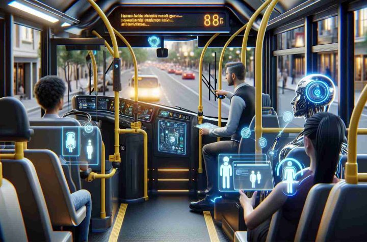 Realistic high-definition image showing a city bus operation that has been revolutionized through human-centric artificial intelligence implementation. The scene demonstrates a bus outfitted with modern technology, including touchscreens and AI interfaces for navigation and passenger service. The AI aids the Caucasian male bus driver in ensuring efficient navigation and optimal passenger comfort. Simultaneously, a Black female passenger uses an AI interface for in-transit entertainment or to access real-time travel information. Human-AI collaboration drives the scenario, portraying a future where technology enhances public transportation.