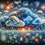 An intricate high quality illustration showcasing the advancements in the field of cloud computing. The image contains a beautiful sky filled with fluffy, metaphorical digital clouds. Each cloud is representative of a distinct innovation, glowing with strings of binary code, streamlined data storage symbols, interconnected server icons, new software models, and advanced security shields. Floating amidst these elements are diverse individuals, both men and women of varying descents such as Black, South Asian, Caucasian, Hispanic, and Middle-Eastern, all of them computer scientists actively engaged in the continuous enhancement of cloud technology.