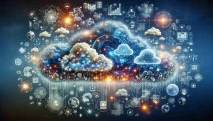 An intricate high quality illustration showcasing the advancements in the field of cloud computing. The image contains a beautiful sky filled with fluffy, metaphorical digital clouds. Each cloud is representative of a distinct innovation, glowing with strings of binary code, streamlined data storage symbols, interconnected server icons, new software models, and advanced security shields. Floating amidst these elements are diverse individuals, both men and women of varying descents such as Black, South Asian, Caucasian, Hispanic, and Middle-Eastern, all of them computer scientists actively engaged in the continuous enhancement of cloud technology.