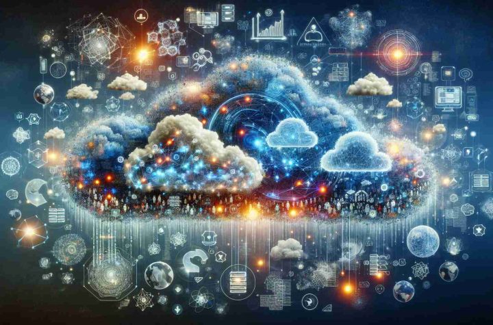 An intricate high quality illustration showcasing the advancements in the field of cloud computing. The image contains a beautiful sky filled with fluffy, metaphorical digital clouds. Each cloud is representative of a distinct innovation, glowing with strings of binary code, streamlined data storage symbols, interconnected server icons, new software models, and advanced security shields. Floating amidst these elements are diverse individuals, both men and women of varying descents such as Black, South Asian, Caucasian, Hispanic, and Middle-Eastern, all of them computer scientists actively engaged in the continuous enhancement of cloud technology.