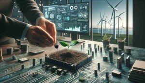 Realistic HD photo exemplifying the concept of exploring new frontiers in sustainable technology investment. This can include, for example, a depiction of hands planting a seedling in a soil-filled motherboard, symbolizing the intersection of nature and tech for a sustainable future, or it may depict a data analyst scrutinizing a monitor showcasing graphs and data on sustainable tech investments, all set within a modern, eco-conscious office with wind turbines and solar panels visible in the background.