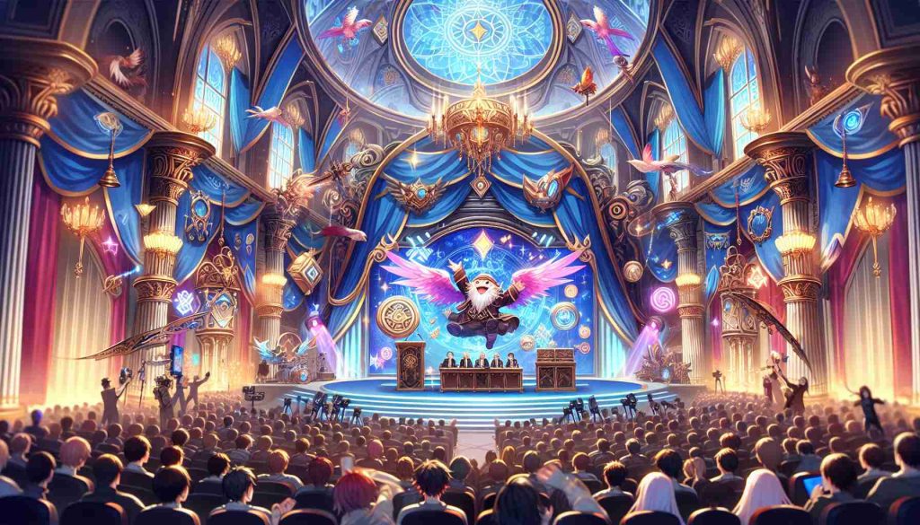 A high-definition illustration capturing the joy, excitement, and anticipation surrounding the future announcements of a popular fantasy game franchise. The scene includes a grand stage with elaborate decorations reflecting the fantasy theme. On the stage, a jovial game developer is making announcements with a crowd of diverse game enthusiasts listening attentively, their eyes shining with anticipation. The setting conveys a high-energy atmosphere characterized by vibrant colors, distinctive fantasy iconography, and technologically advanced elements.