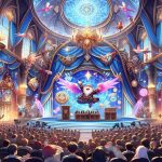 A high-definition illustration capturing the joy, excitement, and anticipation surrounding the future announcements of a popular fantasy game franchise. The scene includes a grand stage with elaborate decorations reflecting the fantasy theme. On the stage, a jovial game developer is making announcements with a crowd of diverse game enthusiasts listening attentively, their eyes shining with anticipation. The setting conveys a high-energy atmosphere characterized by vibrant colors, distinctive fantasy iconography, and technologically advanced elements.