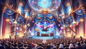 A high-definition illustration capturing the joy, excitement, and anticipation surrounding the future announcements of a popular fantasy game franchise. The scene includes a grand stage with elaborate decorations reflecting the fantasy theme. On the stage, a jovial game developer is making announcements with a crowd of diverse game enthusiasts listening attentively, their eyes shining with anticipation. The setting conveys a high-energy atmosphere characterized by vibrant colors, distinctive fantasy iconography, and technologically advanced elements.