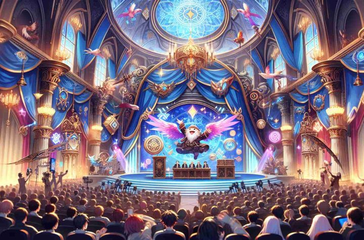 A high-definition illustration capturing the joy, excitement, and anticipation surrounding the future announcements of a popular fantasy game franchise. The scene includes a grand stage with elaborate decorations reflecting the fantasy theme. On the stage, a jovial game developer is making announcements with a crowd of diverse game enthusiasts listening attentively, their eyes shining with anticipation. The setting conveys a high-energy atmosphere characterized by vibrant colors, distinctive fantasy iconography, and technologically advanced elements.