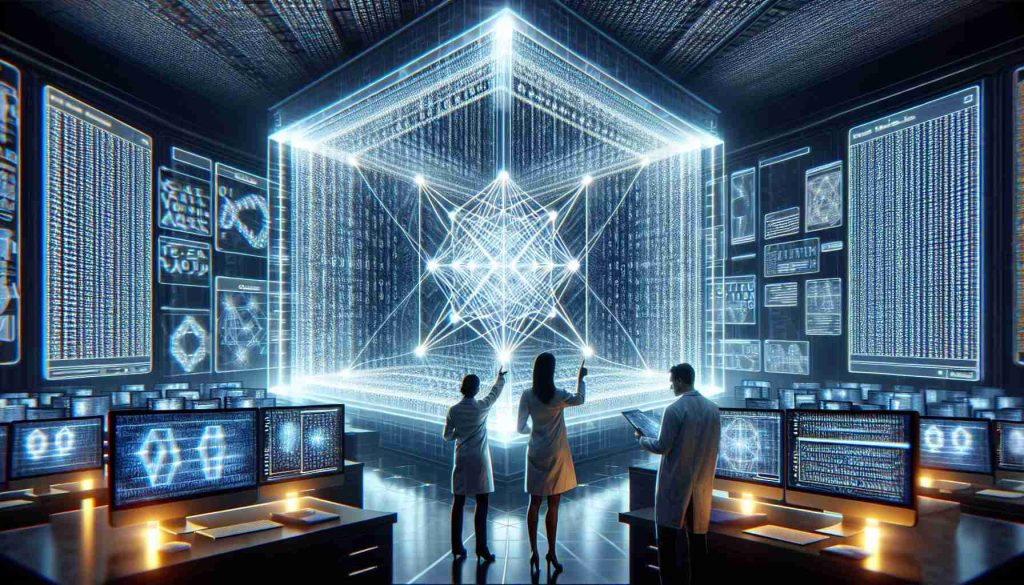 A high-definition, realistic image representing the concept of revolutionizing data security with quantum algorithms. Picture a futuristic room filled with advanced computers. On the screens, binary codes flicker rapidly: an interpretation of classic cryptography. In the center of the room, a 3D holograph of a quantum algorithm, represented as an intricate, glowing, geometric structure, showcasing the cutting-edge data security methods. Two individuals, an East Asian female and an African male scientist, are discussing in the foreground, pointing at parts of the algorithm, their faces reflecting the unusual light patterns from the hologram.