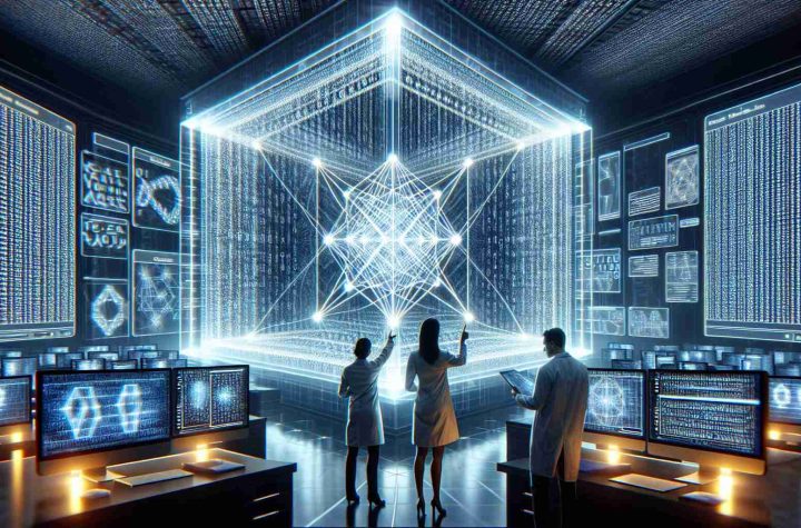 A high-definition, realistic image representing the concept of revolutionizing data security with quantum algorithms. Picture a futuristic room filled with advanced computers. On the screens, binary codes flicker rapidly: an interpretation of classic cryptography. In the center of the room, a 3D holograph of a quantum algorithm, represented as an intricate, glowing, geometric structure, showcasing the cutting-edge data security methods. Two individuals, an East Asian female and an African male scientist, are discussing in the foreground, pointing at parts of the algorithm, their faces reflecting the unusual light patterns from the hologram.