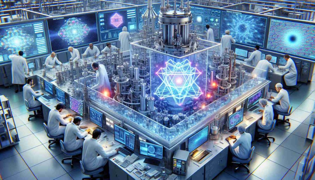 An intricately detailed high-definition photo portraying state of the art quantum materials research revolutionized by breakthrough technology. Display a precision-engineered laboratory setup, imbued with futuristic equipments, interactive computer interfaces, and pristine white laboratory gear. The scene shows researchers of various descents like Middle-Eastern, South Asian, and Hispanic, male and female, engrossed in their study. The Quantum materials under examination could glow with a mesmerizing, ineffable color, pulsating rhythmically, signifying them being studied and manipulated by the groundbreaking technology.