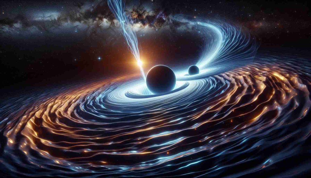 Imagine and depict a hyper-realistic HD scene representing the interactions between massive black holes in space. The black holes should be shown emitting mighty streams of light as they spiral towards each other, distorting the space around them, and creating a ripple effect that symbolizes gravitational waves. Their interactions could also be portrayed by subtly shifting patterns of stars and galaxies. The resultant image should capture the immense scale and awe-inducing power of these cosmic phenomena, while also showcasing the beauty and mystery of the universe.