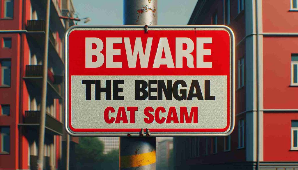 Generate a realistic, high-definition image of a sign that reads 'Beware of the Bengal Cat Scam'. The sign should be brightly colored, perhaps with red and white stripes for heightened visibility. Make the text bold and easily readable, in a typeface that suggests urgency and caution. Surrounding the sign, add an urban or suburban background to create a context for the warning sign.