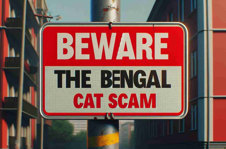 Generate a realistic, high-definition image of a sign that reads 'Beware of the Bengal Cat Scam'. The sign should be brightly colored, perhaps with red and white stripes for heightened visibility. Make the text bold and easily readable, in a typeface that suggests urgency and caution. Surrounding the sign, add an urban or suburban background to create a context for the warning sign.