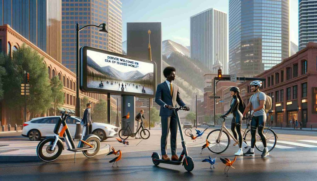 A high-resolution, realistic image capturing the modern era of shared mobility in Denver, Colorado. The scene takes place in the heart of Denver with an array of shared transportation options on display - bicycles, electric scooters, and car sharing options. Standing in the center of the frame is an African American male in business attire skilfully balancing on an electric scooter, while a South Asian female wearing cycle gear prepares to mount a bicycle. Behind them, an electronic billboard showcases the message 'Denver Welcomes New Era of Shared Mobility'. The Rocky Mountains add a scenic backdrop to this vibrant, urban setting.