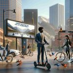 A high-resolution, realistic image capturing the modern era of shared mobility in Denver, Colorado. The scene takes place in the heart of Denver with an array of shared transportation options on display - bicycles, electric scooters, and car sharing options. Standing in the center of the frame is an African American male in business attire skilfully balancing on an electric scooter, while a South Asian female wearing cycle gear prepares to mount a bicycle. Behind them, an electronic billboard showcases the message 'Denver Welcomes New Era of Shared Mobility'. The Rocky Mountains add a scenic backdrop to this vibrant, urban setting.