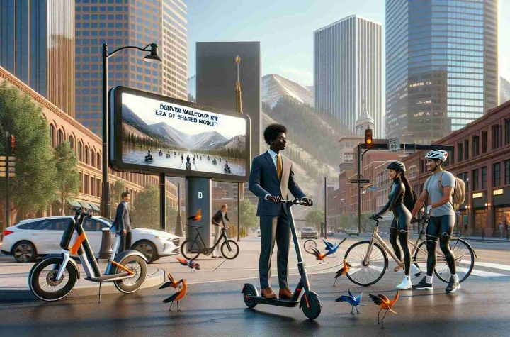 A high-resolution, realistic image capturing the modern era of shared mobility in Denver, Colorado. The scene takes place in the heart of Denver with an array of shared transportation options on display - bicycles, electric scooters, and car sharing options. Standing in the center of the frame is an African American male in business attire skilfully balancing on an electric scooter, while a South Asian female wearing cycle gear prepares to mount a bicycle. Behind them, an electronic billboard showcases the message 'Denver Welcomes New Era of Shared Mobility'. The Rocky Mountains add a scenic backdrop to this vibrant, urban setting.