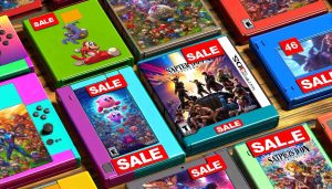 A high-definition image showcasing an exciting assortment of video game cases. The game cases are marked with colorful 'SALE' tags, showcasing intriguing cover art and titles. The cases are meant for a popular handheld gaming device.