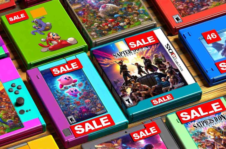 A high-definition image showcasing an exciting assortment of video game cases. The game cases are marked with colorful 'SALE' tags, showcasing intriguing cover art and titles. The cases are meant for a popular handheld gaming device.