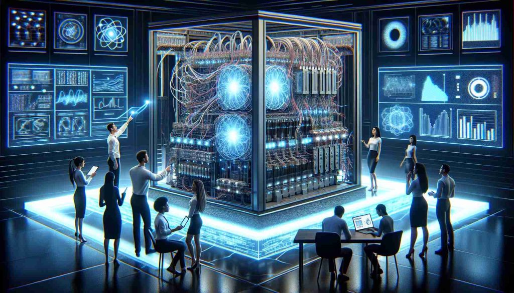 Create a detailed and realistic scene that represents the future of quantum computing companies. In the middle of the room, show a large quantum computer with numerous complex wires and blinking lights. Around it, different groups of people are examining it. Illustrate a Caucasian woman pointing at the computer with excitement, a Black man adjusting some of the setting on the machinery, and a Hispanic woman taking notes in front of her digital tablet. In the foreground, include a holographic projection displaying charts and data relevant to the quantum technology. Feel free to provide a futuristic vibe with neon blue lights and sleek furniture.