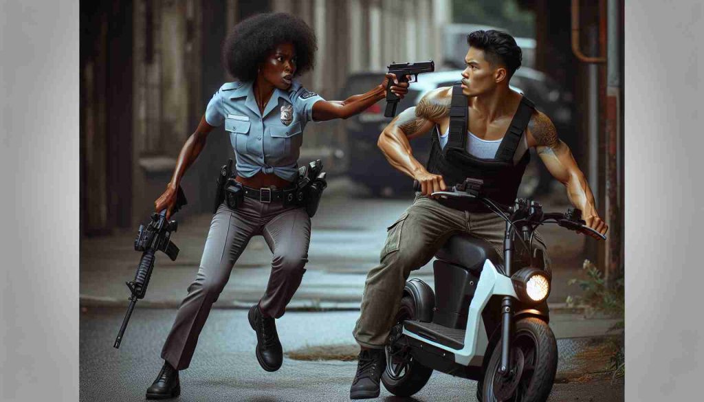 A HD realistic portrayal of a scene where a quick-witted police officer hinders an armed assailant, who was about to use a firearm while on an e-bike. The officer, a fit Afro-Caribbean woman in her uniform, carries an air of professionalism and urgency. She displays adeptness in judgement, responding swiftly to the critical situation. The assailant, a husky South Asian man dressed in casual attire, brandishes a gun while straddling an e-bike. The tension between them is almost palpable, yet the officer's calm determination serves as a stark contrast to the assailant's panicked recklessness.