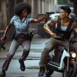 A HD realistic portrayal of a scene where a quick-witted police officer hinders an armed assailant, who was about to use a firearm while on an e-bike. The officer, a fit Afro-Caribbean woman in her uniform, carries an air of professionalism and urgency. She displays adeptness in judgement, responding swiftly to the critical situation. The assailant, a husky South Asian man dressed in casual attire, brandishes a gun while straddling an e-bike. The tension between them is almost palpable, yet the officer's calm determination serves as a stark contrast to the assailant's panicked recklessness.