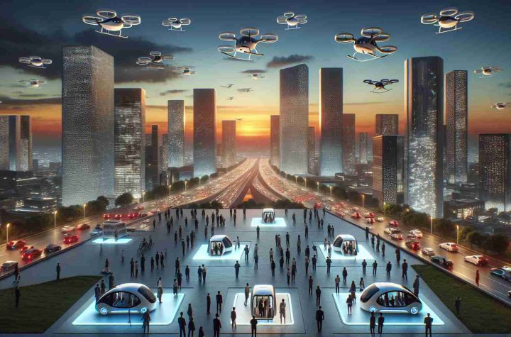 High-definition realistic visual depiction of an urban transportation revolution, with the new era of air mobility being celebrated. Show a futuristic cityscape with skyscrapers, set against a twilight sky. Display a multitude of autonomous air taxis, some taking off, while others are landing on designated pads. The people entering and exiting the air taxis should be of various descents such as Black, Hispanic, and Middle-Eastern, equally portrayed. To highlight diversity, illustrate a range of genders including men, women, and non-binary individuals. Embody the scene with a sense of excitement and wonder, calling in a new age of transportation.