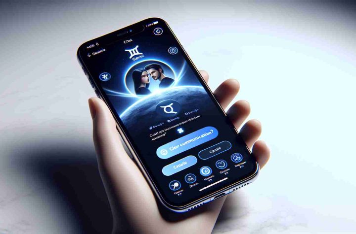 A high-definition, realistic image of a mobile communication interface on an iPhone. The screen displays a live chat application called Gemini, showcasing clear and smooth communication. The app features should be user-friendly and intuitive, demonstrating the ease of communication. The design elements should subtly suggest themes associated with the Gemini zodiac sign, such as duality or connection.