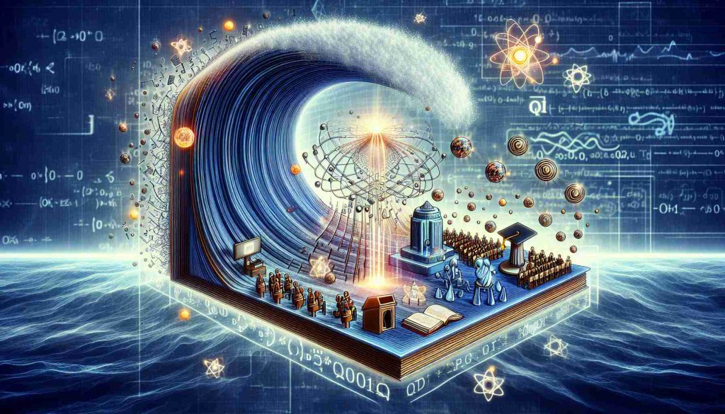 A detailed, high definition illustration depicting the concept of a new Quantum Tech Education Program. It is launched by a renowned, but nondescript technology company and it's causing a significant increase in investments in Quantum Technology. The scene includes a metaphorical representation such as a large wave or a surge of data and quantum particles, symbolizing the influx of investments. Also included are symbols of education and learning, such as books, lecterns, or graduation caps, integrated with quantum technology motifs such as a quantum computer or qubits. Be sure to include a high-tech, futuristic vibe in the imagery.