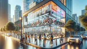 Generate a high-definition, realistic image of a new electric bike store opening in a bustling city center. The store is brightly lit, full of brand new electric bikes displayed attractively. Shiny reflective windows reveal different types of electric bikes, from commuters to mountain bikes. A colorful sign above the store proclaims its electric bike specialty. Urban buildings surround the store, under a clear blue sky. Pedestrians of diverse descents and genders pass by, evidencing the vibrancy of the city center. Some of them are curiously looking at the store, interested in the new opening.