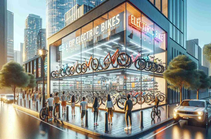 Generate a high-definition, realistic image of a new electric bike store opening in a bustling city center. The store is brightly lit, full of brand new electric bikes displayed attractively. Shiny reflective windows reveal different types of electric bikes, from commuters to mountain bikes. A colorful sign above the store proclaims its electric bike specialty. Urban buildings surround the store, under a clear blue sky. Pedestrians of diverse descents and genders pass by, evidencing the vibrancy of the city center. Some of them are curiously looking at the store, interested in the new opening.