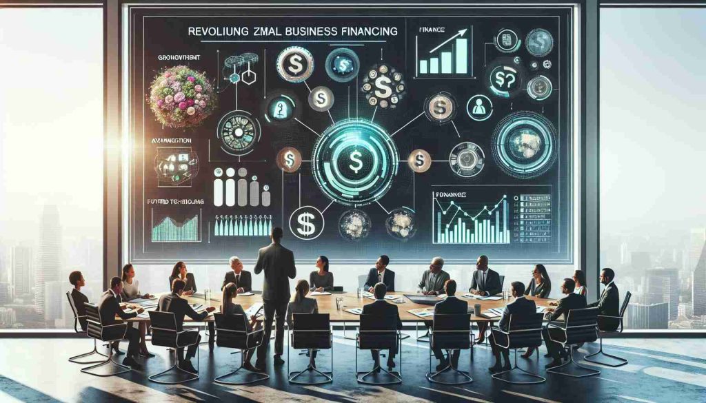 Create a high-definition realistic image showcasing the concept of revolutionizing small business financing. The scene includes small-business owners of various descents and genders brainstorming innovative financing strategies at a roundtable. Include symbols of growth and finance like graphs, charts, and money-related icons. There is also a digital screen displaying advanced technology systems for finance management, embodying future-oriented solutions. The room is well lit, suggesting a hopeful and positive ambiance.