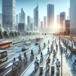 Generate a realistic high-definition photo that depicts the revolution of electric bikes in urban transportation. Show city streets bustling with people of various descents and genders, utilizing electric bikes as their primary mode of transport. Visualize the modern cityscape, complete with skyscrapers in the background, bike lanes filled with sleek, contemporary e-bikes, and technologically advanced bike docking stations. Demonstrate the cohabitation of traditional vehicles and electric bikes, imitating the progression towards a greener, more sustainable future.