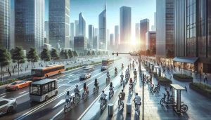 Generate a realistic high-definition photo that depicts the revolution of electric bikes in urban transportation. Show city streets bustling with people of various descents and genders, utilizing electric bikes as their primary mode of transport. Visualize the modern cityscape, complete with skyscrapers in the background, bike lanes filled with sleek, contemporary e-bikes, and technologically advanced bike docking stations. Demonstrate the cohabitation of traditional vehicles and electric bikes, imitating the progression towards a greener, more sustainable future.