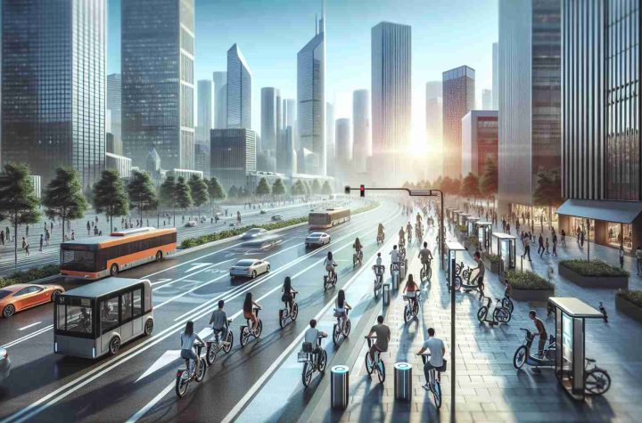 Generate a realistic high-definition photo that depicts the revolution of electric bikes in urban transportation. Show city streets bustling with people of various descents and genders, utilizing electric bikes as their primary mode of transport. Visualize the modern cityscape, complete with skyscrapers in the background, bike lanes filled with sleek, contemporary e-bikes, and technologically advanced bike docking stations. Demonstrate the cohabitation of traditional vehicles and electric bikes, imitating the progression towards a greener, more sustainable future.