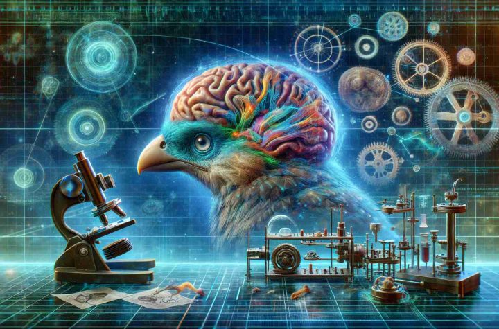 A high-definition, realistic representation of a historic moment of scientific discovery: uncovering the secrets of an avian brain from the prehistoric era. This could include a detailed, vibrant illustration of the brain, with its myriad of complex structures explored using advanced technology. Surround the scene with elements of a laboratory setting, replete with modern scientific equipment. The reflection of the awe and fascination of the scientists can be perceived in the intricate detail and the vibrant colors used to depict this remarkable breakthrough.