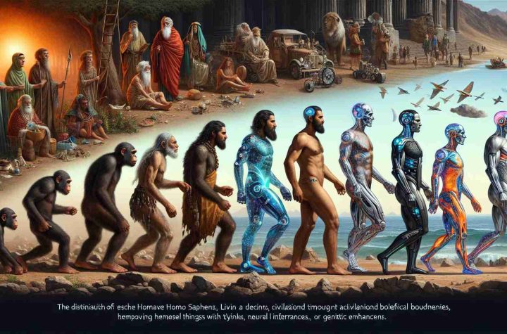 Detailed, high-definition scene depicting the evolution of mankind - from the primitive Homo Sapiens, living a rugged and elemental existence, through the civilizations of antiquity, to modern-day individuals of diverse descents. Transition this progression further into the future showcasing Transhumans. These advanced beings have used technology to transcend biological boundaries, improving themselves with things like cybernetic limbs, neural interfaces, or genetic enhancements. The distinction between each stage should be clear, providing a narrative view of our progression as a species.