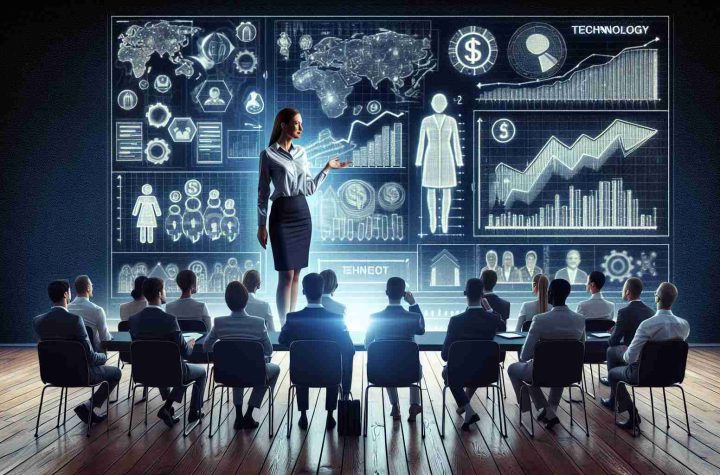 An high-definition, realistic representation of different investment strategies being unveiled. Picture a well-lit conference room with people of varied genders and descents - Hispanic male explaining a cutting-edge technology investment approach, a Caucasian woman presenting a traditional stock investment technique, and a Middle-Eastern man showcasing an innovative real estate investment strategy. The atmosphere is excited and anticipatory, as the various strategies are being discussed, analysed and understood by a diverse group listening intently.