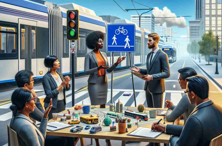 Generate a realistic, high-definition image showcasing community initiatives aimed at promoting safety in urban transportation. The scene could include a diverse group participating in a town hall meeting focused on safety norms for public transit. An African American woman can be seen demonstrating a new crossing signal for pedestrians to a Caucasian man. A South Asian male public official can be observed, noting down important points. The backdrop should represent an urban setting, with buses, trams, and cycle lanes included in the composition.