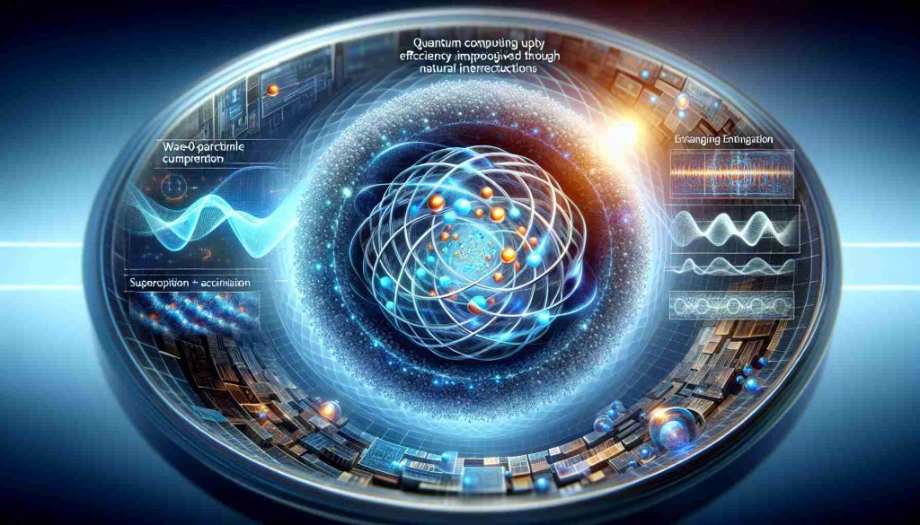 Visual representation of quantum computing efficiency improved through natural interactions in an ultra high definition realistic depiction. The focus should be on illustrating the quantum behavior, perhaps through imagery of wave-particle duality, superposition, and entanglement, forming the core of the processing unit. This could be tied to a natural theme, presenting a vision of these computing principles in a manner that harmonizes with nature, supporting a more sustainable future. The entire portrayal is to be done in a scientifically informed yet artistic style.