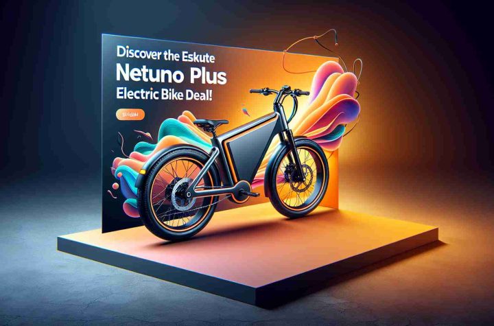 Generate a realistic high-definition image of an electric bike called the 'Netuno PLUS'. It should be prominently displayed, showcasing its features and design. Add a banner or tagline that states 'Discover the ESKUTE Netuno PLUS Electric Bike Deal!'