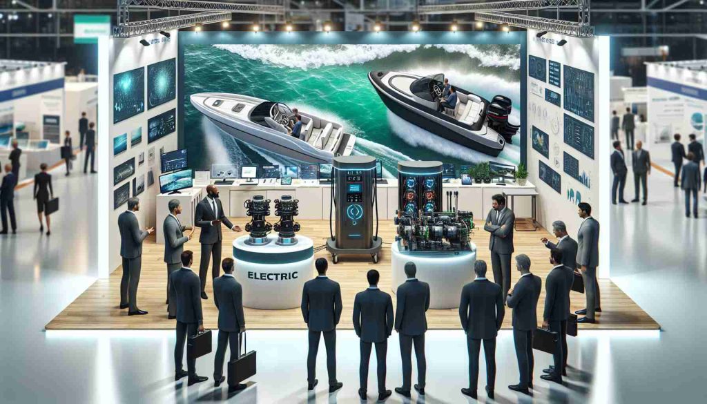 A high-definition, realistic image of the latest electric marine technologies being presented at a 2022 trade fair. In this scene, various innovative marine equipment can be showcased, such as electric-powered boat engines, navigation systems, and eco-friendly boat accessories. There should be stands displaying these technologies and businesspeople of diverse descents and genders observing and interacting with the exhibits.