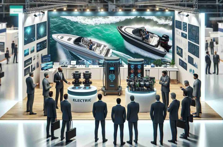 A high-definition, realistic image of the latest electric marine technologies being presented at a 2022 trade fair. In this scene, various innovative marine equipment can be showcased, such as electric-powered boat engines, navigation systems, and eco-friendly boat accessories. There should be stands displaying these technologies and businesspeople of diverse descents and genders observing and interacting with the exhibits.