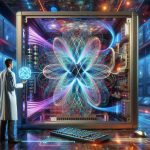 An ultra high-definition, realistic photograph illustrating the future of quantum computing. The image should preferably include a futuristic computer with intricate quantum circuits manifesting as vibrant, intertwined lines of glowing energy. Also, it could show a scientist clad in lab attire inspecting the quantum computer with an expression of awe and deep focus. The background should echo a state-of-the-art technology lab filled with holographic displays showcasing complex algorithms and data analyses. Please ensure that the color scheme of the image emphasizes futuristic neon hues prevalent in advanced technological settings.