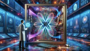 An ultra high-definition, realistic photograph illustrating the future of quantum computing. The image should preferably include a futuristic computer with intricate quantum circuits manifesting as vibrant, intertwined lines of glowing energy. Also, it could show a scientist clad in lab attire inspecting the quantum computer with an expression of awe and deep focus. The background should echo a state-of-the-art technology lab filled with holographic displays showcasing complex algorithms and data analyses. Please ensure that the color scheme of the image emphasizes futuristic neon hues prevalent in advanced technological settings.