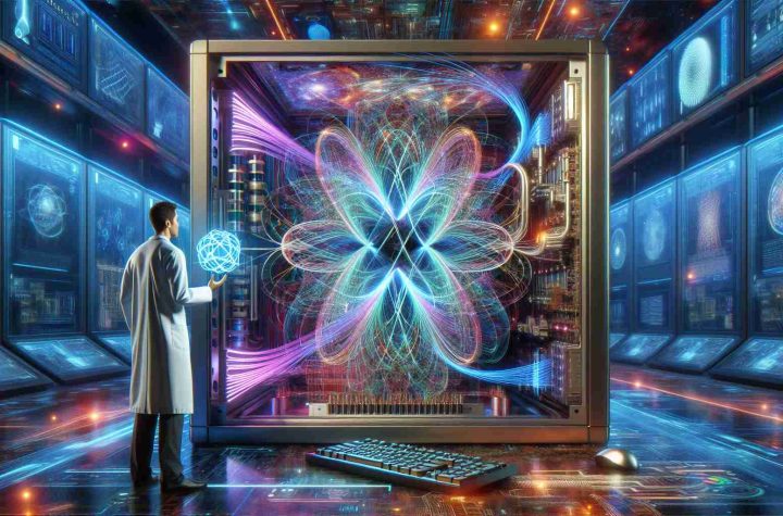 An ultra high-definition, realistic photograph illustrating the future of quantum computing. The image should preferably include a futuristic computer with intricate quantum circuits manifesting as vibrant, intertwined lines of glowing energy. Also, it could show a scientist clad in lab attire inspecting the quantum computer with an expression of awe and deep focus. The background should echo a state-of-the-art technology lab filled with holographic displays showcasing complex algorithms and data analyses. Please ensure that the color scheme of the image emphasizes futuristic neon hues prevalent in advanced technological settings.