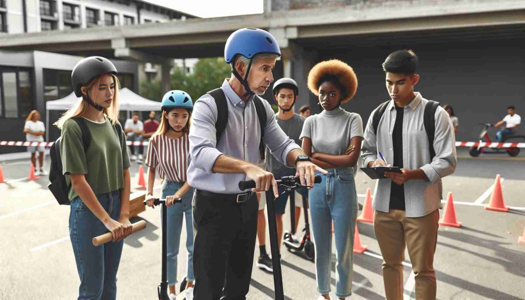 Generate an image of a safety education event focused on promoting responsible use of e-bikes and e-scooters. The event is happening in an open space with various stalls providing guidance and instruction. Middle-aged Caucasian man demonstrating correct use of helmet and safety gear while a group of diverse individuals, including a young Black woman and a mature South Asian man, carefully listen and take notes. There is also an obstacle course set up where a Hispanic teenager is responsibly navigating on an e-scooter under supervision. High-definition and realistic style requested.