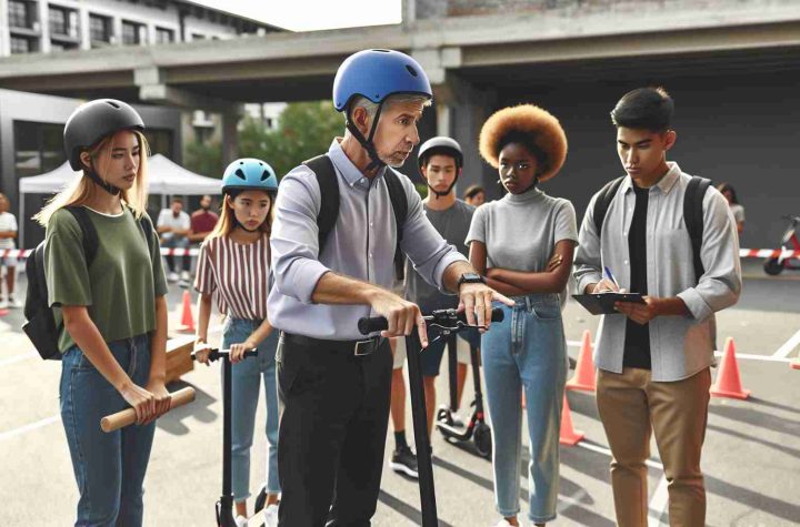 Generate an image of a safety education event focused on promoting responsible use of e-bikes and e-scooters. The event is happening in an open space with various stalls providing guidance and instruction. Middle-aged Caucasian man demonstrating correct use of helmet and safety gear while a group of diverse individuals, including a young Black woman and a mature South Asian man, carefully listen and take notes. There is also an obstacle course set up where a Hispanic teenager is responsibly navigating on an e-scooter under supervision. High-definition and realistic style requested.