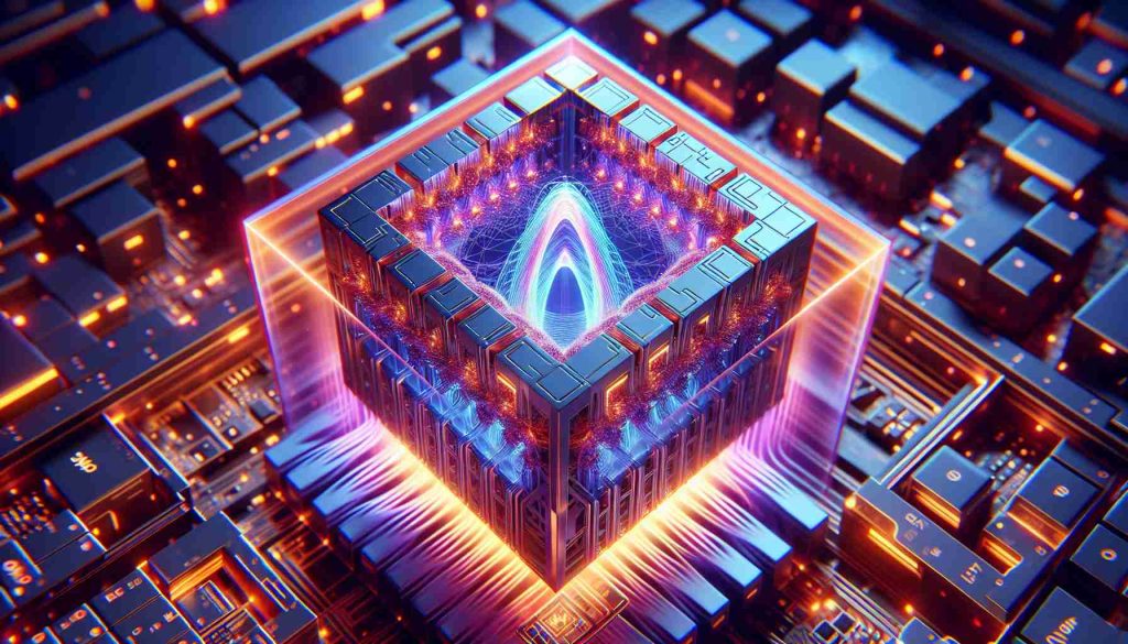 Create a high-definition, realistic image showcasing a pivotal moment in quantum computing. A new advanced computing device, called AlphaQubit, is being revealed. The associated company is highly recognized in the field, having a vibrant logo involving intricate, alphabetical design.