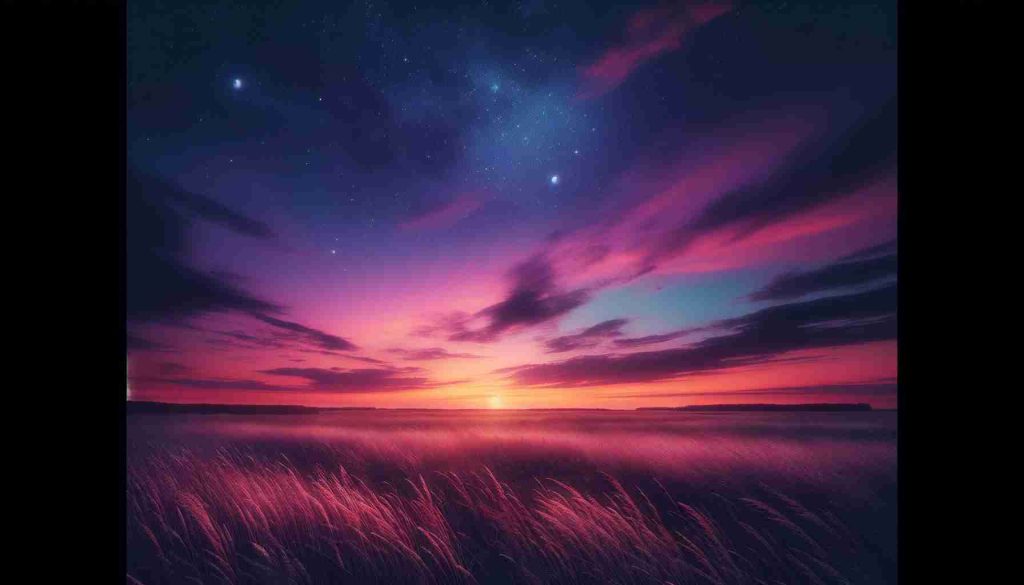 Create a realistic, high-definition image of an open field under a twilight sky. The fading sunlight tints the horizon in soft oranges and pinks, while the rest of the sky transforms into a magnificent spectacle of tranquil purples and blues. Distinct stars twinkle in the evening expanse overhead. The field below is gaining the nightly hue, with tall grass swaying slightly in the gentle wind, casting long shadows in the pale twilight. There is a sense of tranquility and beauty emanating from the captivating natural scene.