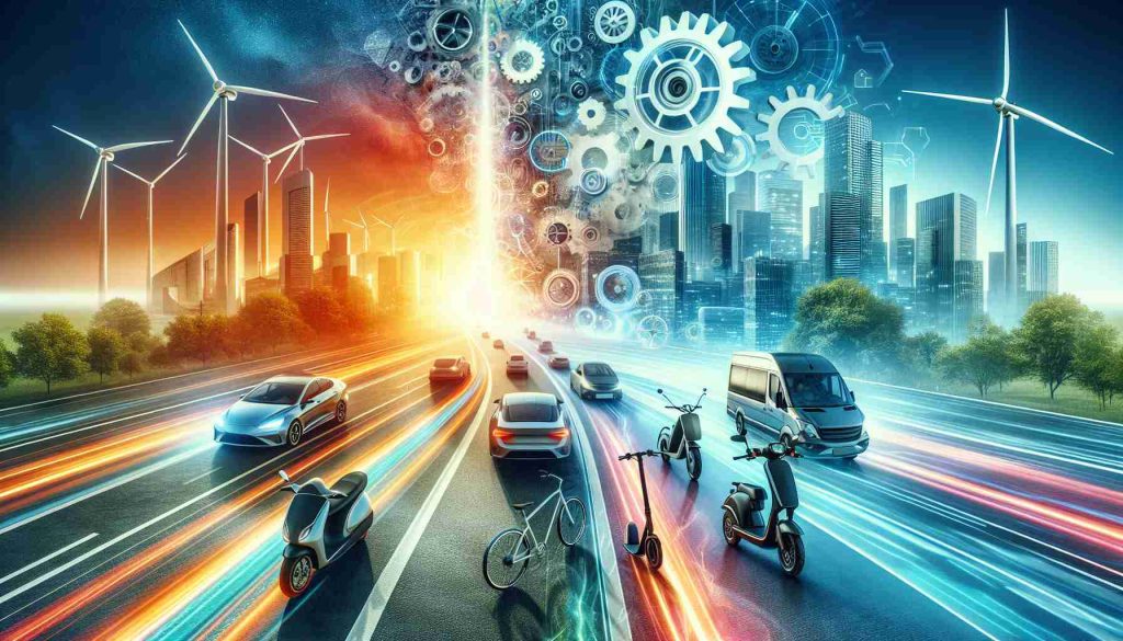 A high-definition image symbolizing the expanding horizons of the electric mobility sector. The scene should be defined by innovation, forward-thinking views, and sustainability. It could depict a variety of electric transport options, from cars and bicycles to scooters and buses, evolving within a modern cityscape. The image should also represent the concept of 'Revolutionizing', maybe through a stylistic visual representation of transformation or progress, like a gear, a lightning bolt, or futuristic technology elements. Use bright, eye-catching colors to exemplify the vibrant, energetic nature of the sector.