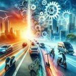 A high-definition image symbolizing the expanding horizons of the electric mobility sector. The scene should be defined by innovation, forward-thinking views, and sustainability. It could depict a variety of electric transport options, from cars and bicycles to scooters and buses, evolving within a modern cityscape. The image should also represent the concept of 'Revolutionizing', maybe through a stylistic visual representation of transformation or progress, like a gear, a lightning bolt, or futuristic technology elements. Use bright, eye-catching colors to exemplify the vibrant, energetic nature of the sector.